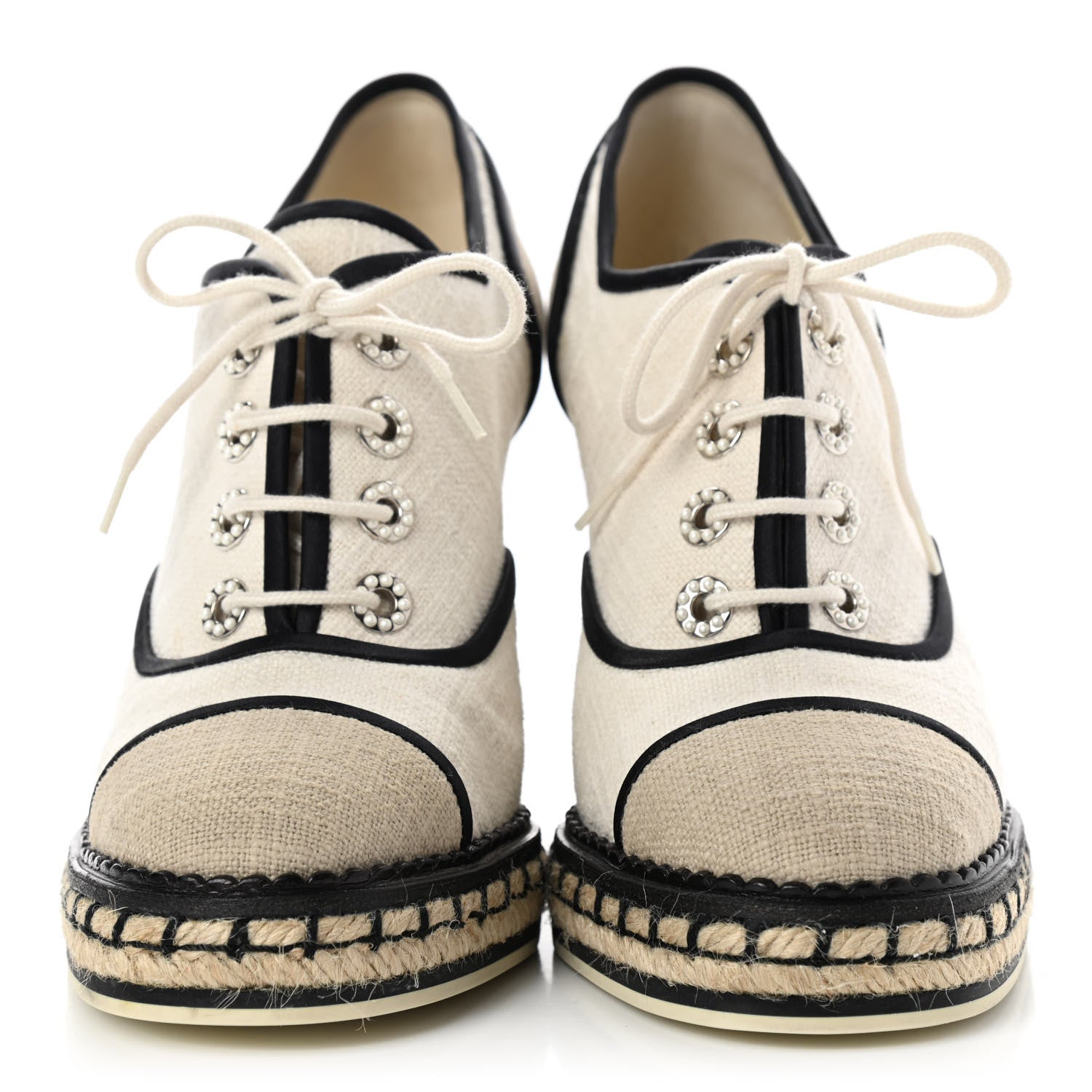 Chanel Raffia Lace Up Wedge Espadrilles 37.5 Beige 2 of 14