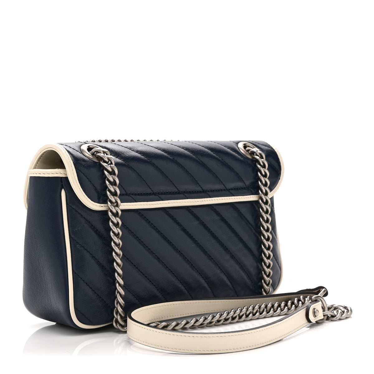 Gucci Vintage Effect Calfskin Matelasse Diagonal Small Torchon GG Marmont Shoulder Bag Blue Agata Mystic White 3 of 12