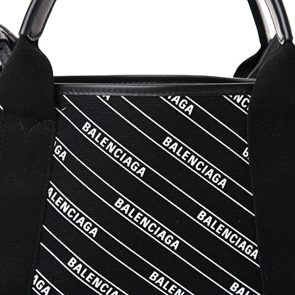 Balenciaga Cotton Canvas Calfskin Logo Print Navy Cabas XS Black White 8 of 10