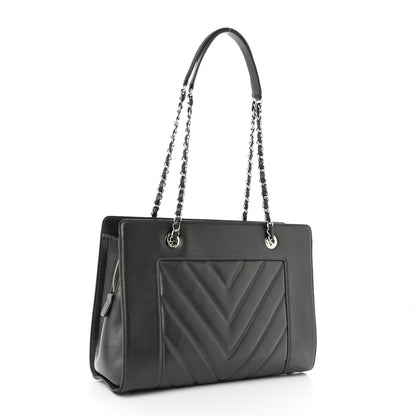 Chanel Sheepskin Chevron Quilted Mademoiselle Vintage Shopping Tote Dark Grey 2 of 11