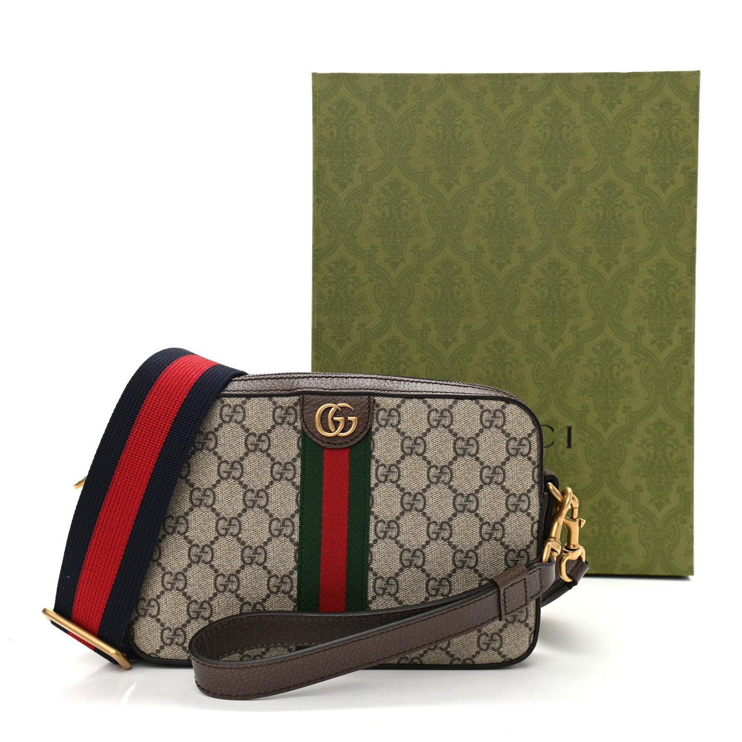 Gucci GG Supreme Monogram Textured Dollar Calfskin Web Ophidia Wristlet Shoulder Bag Beige Ebony New Acero 12 of 12