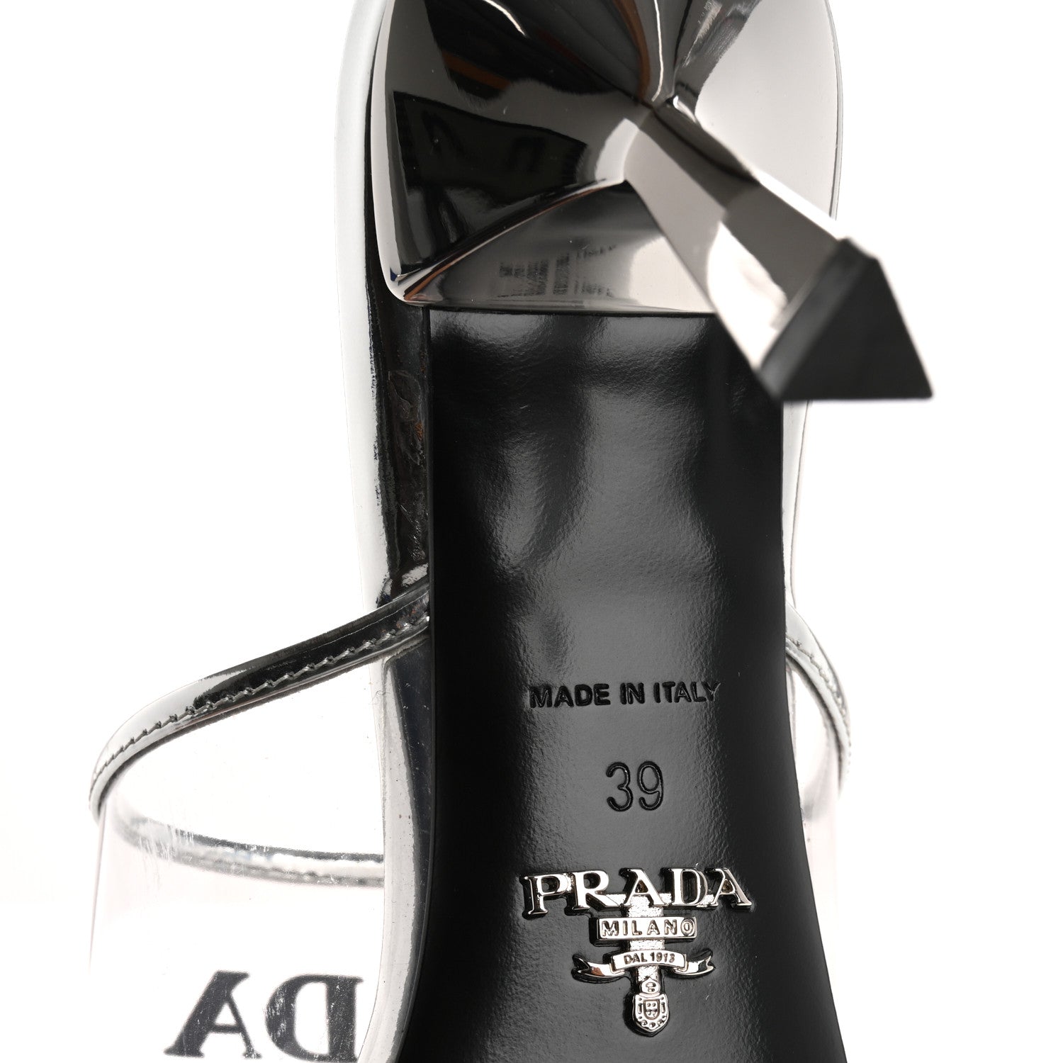 Prada Plexiglass Metallic Calfskin Metal Triangle Logo 75mm Slide Sandals 39 Argento 8 of 9