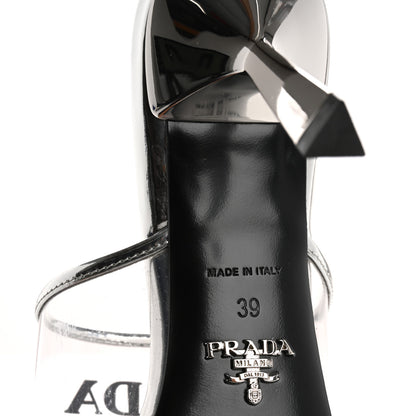 Prada Plexiglass Metallic Calfskin Metal Triangle Logo 75mm Slide Sandals 39 Argento 8 of 9