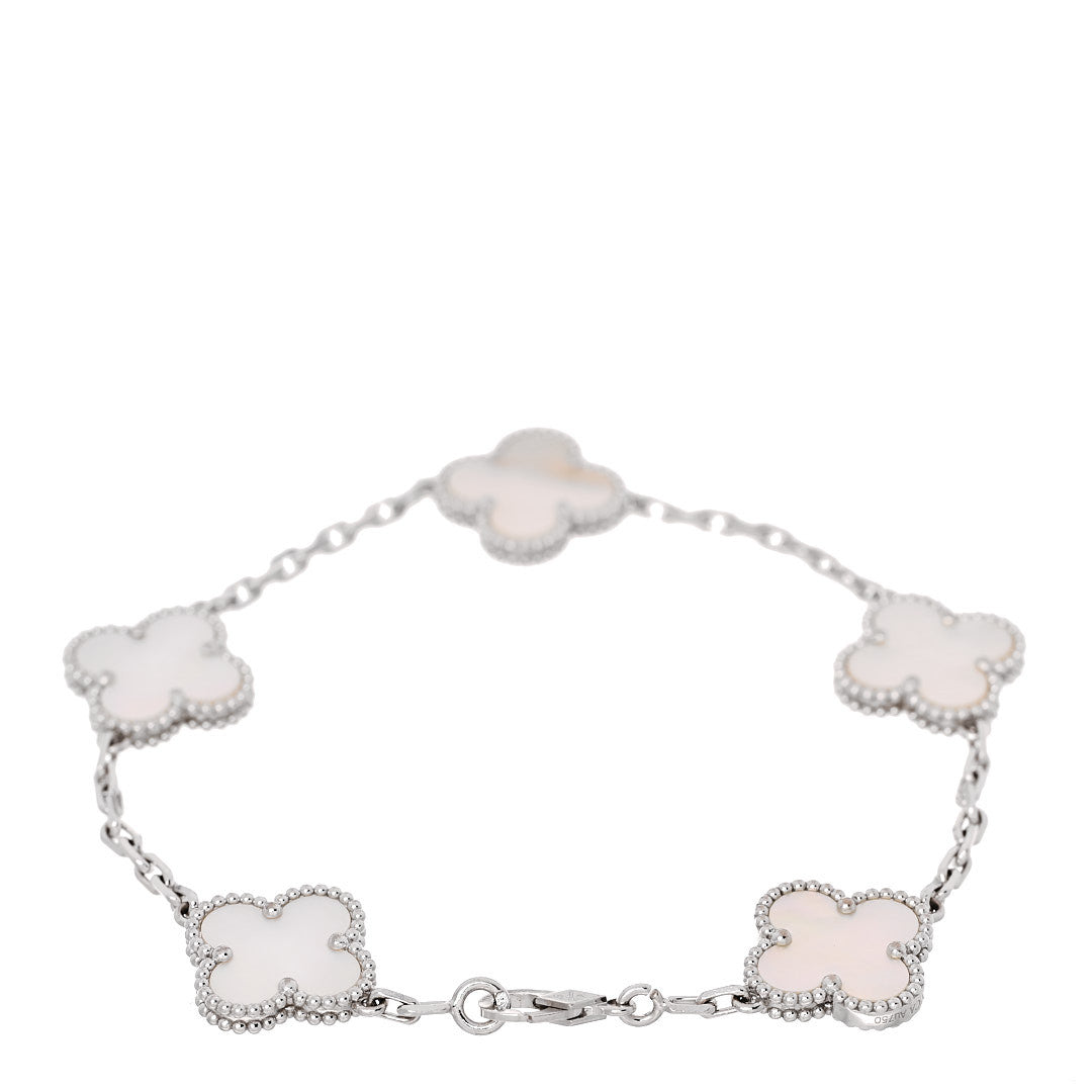 18K White Gold Mother of Pearl 5 Motifs Vintage Alhambra Bracelet