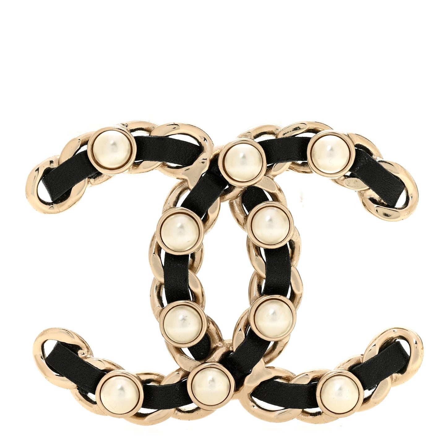 Lambskin Pearl Chain CC Brooch Gold Black