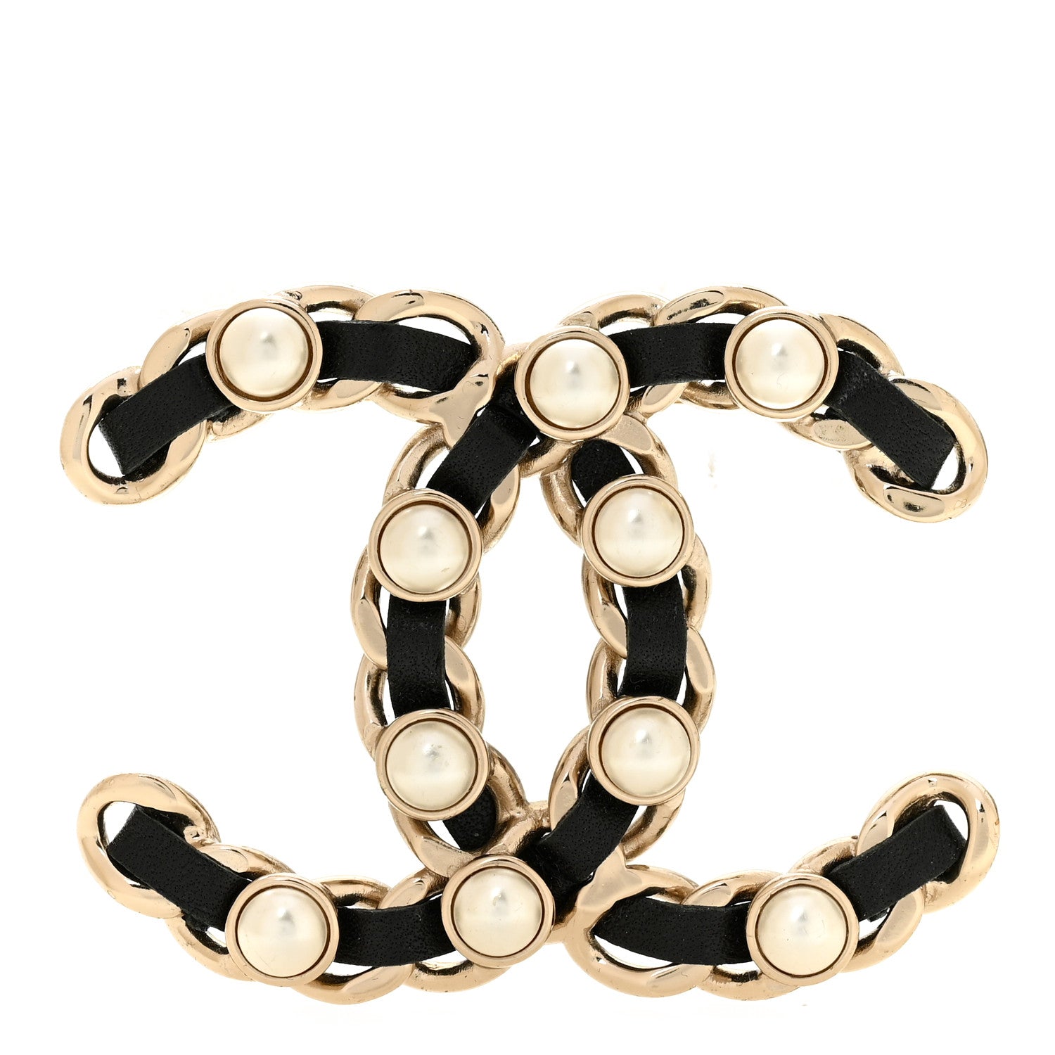 Chanel Lambskin Pearl Chain CC Brooch Gold Black 1 of 4