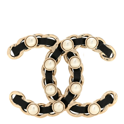 Chanel Lambskin Pearl Chain CC Brooch Gold Black 1 of 4