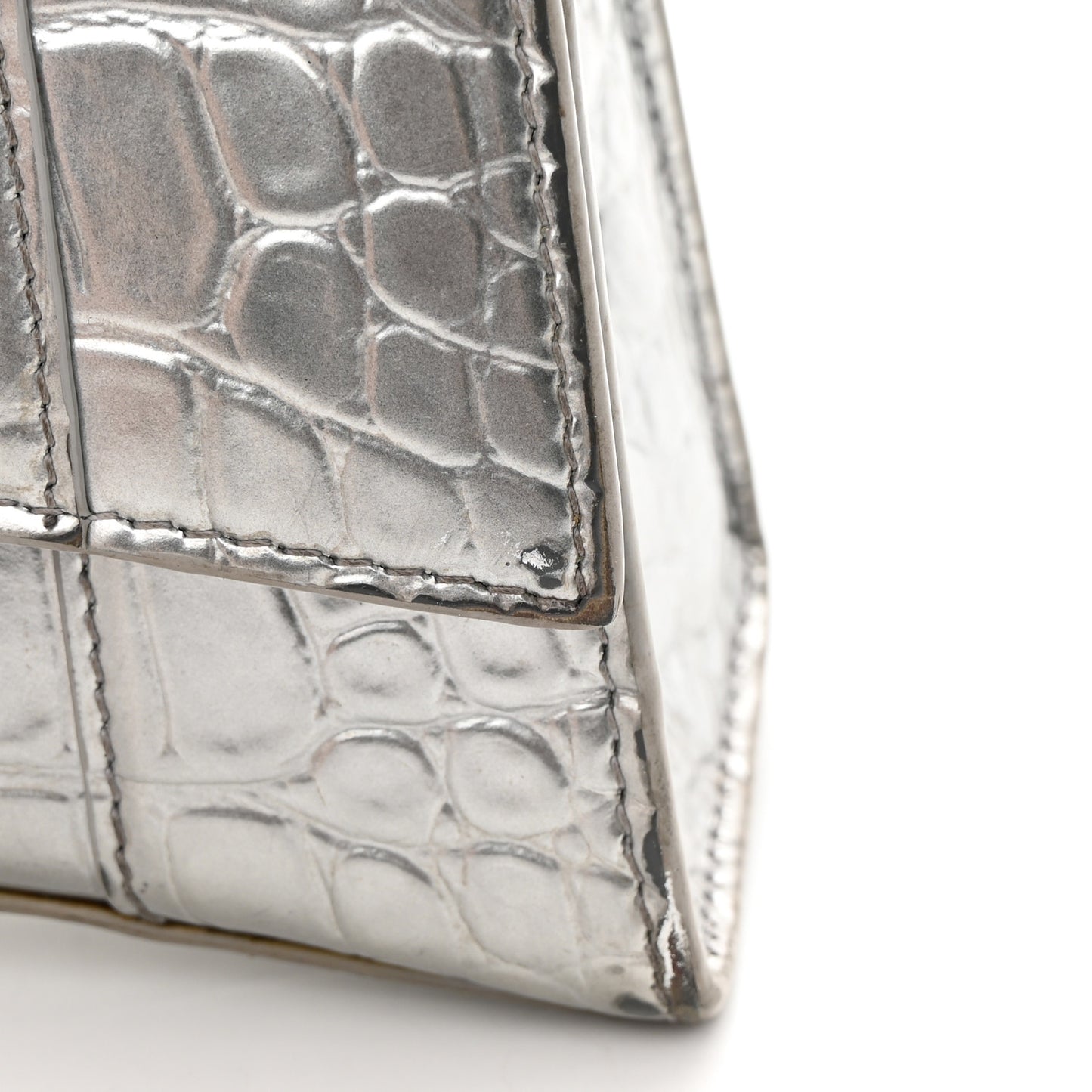 Metallic Calfskin Crocodile Embossed Hourglass Top Handle Bag XS Silver