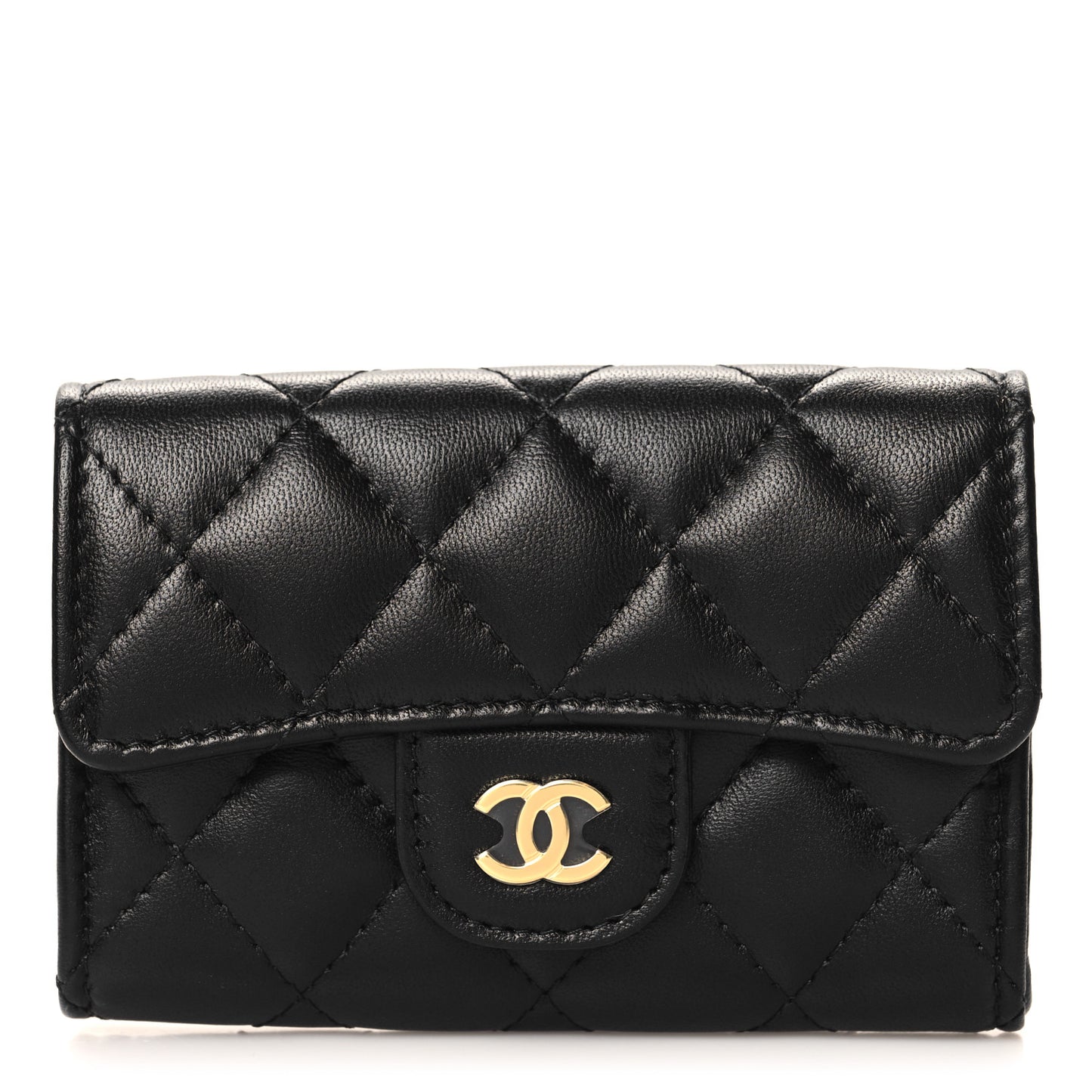 Lambskin Quilted Flap Card Holder Wallet Black