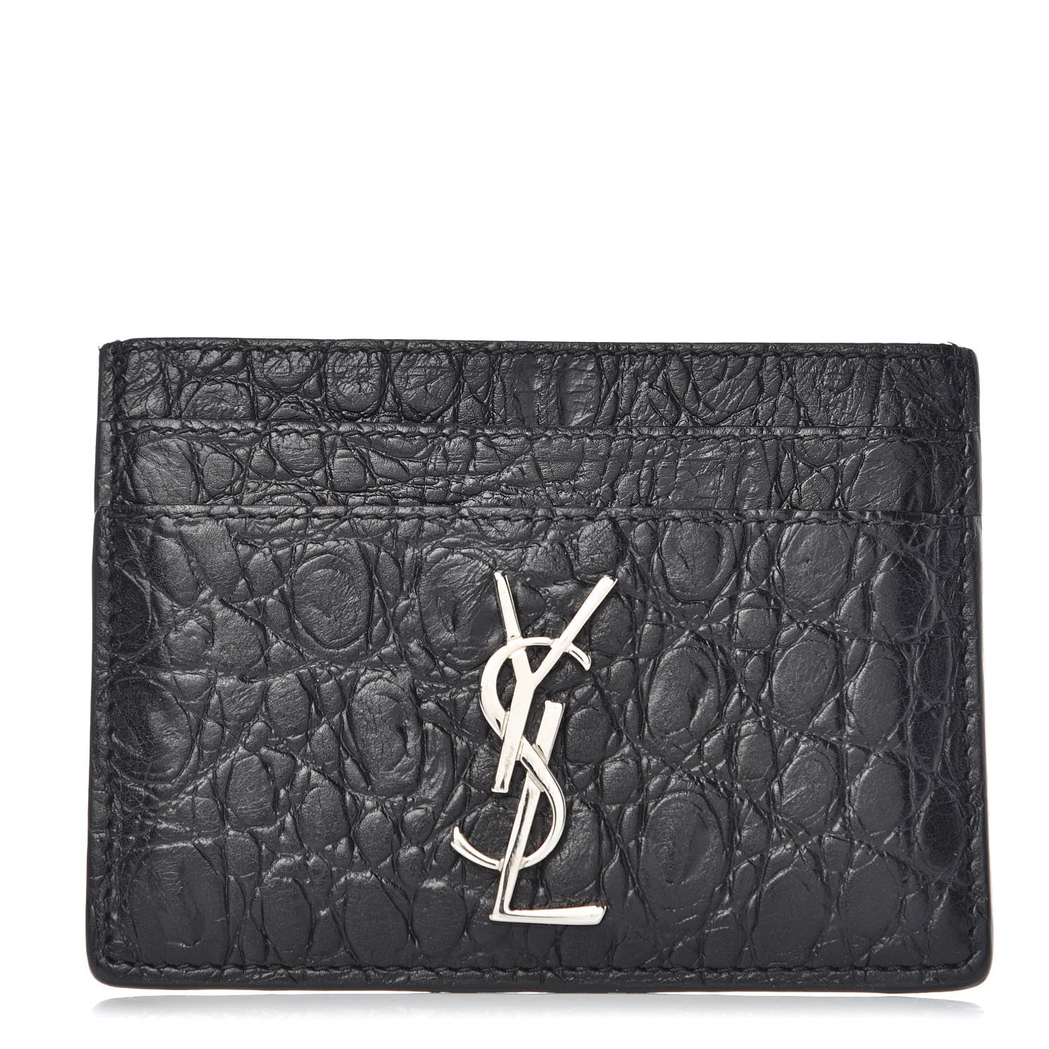 Saint Laurent Calfskin Crocodile Embossed Monogram Credit Card Case Black 1 of 7