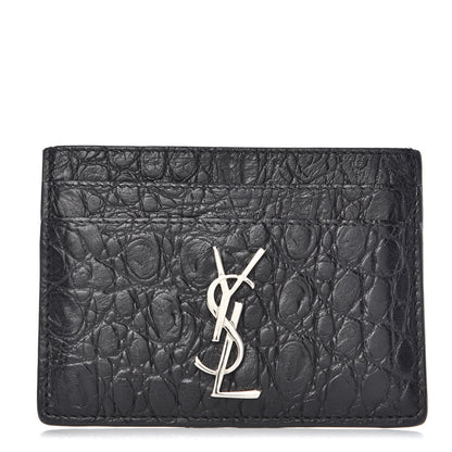 Saint Laurent Calfskin Crocodile Embossed Monogram Credit Card Case Black 1 of 7