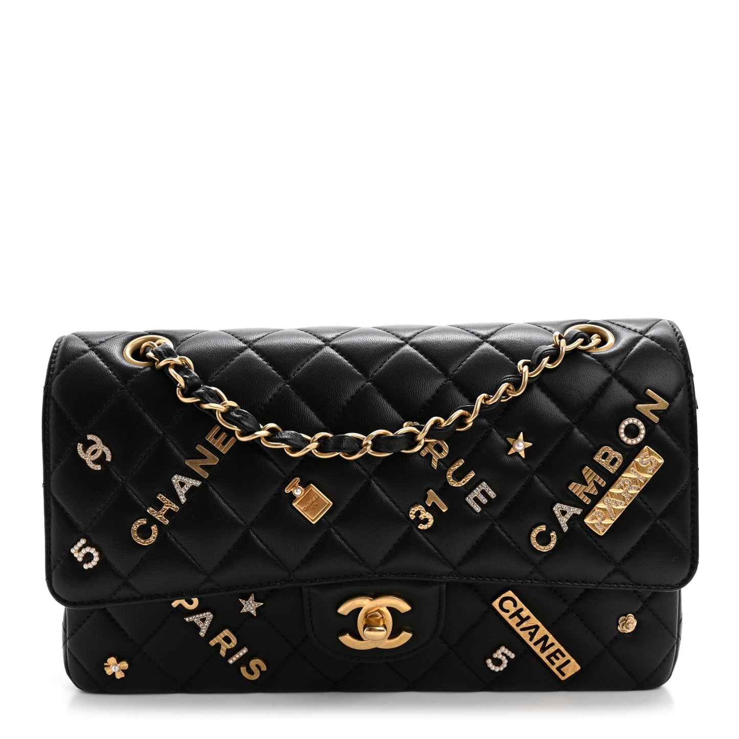 Lambskin Quilted Medium Rue Cambon Charms Double Flap Black