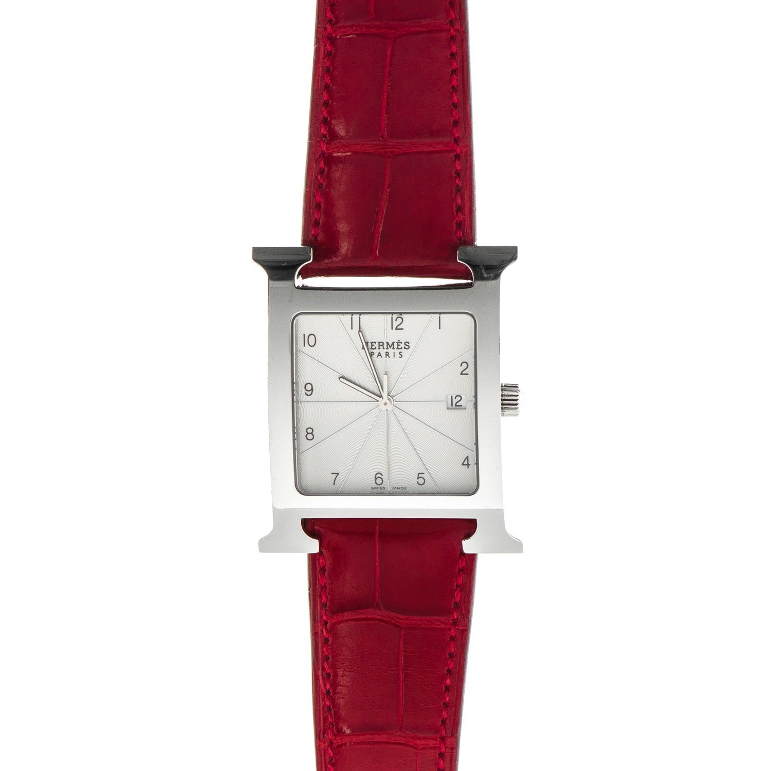 Hermes Stainless Steel Alligator 30.5mm Heure H Hour Quartz Watch Rouge Casaque 1 of 8