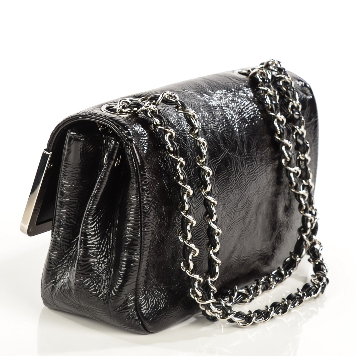 Distressed Patent Calfskin Small Frame Single Flap Black
