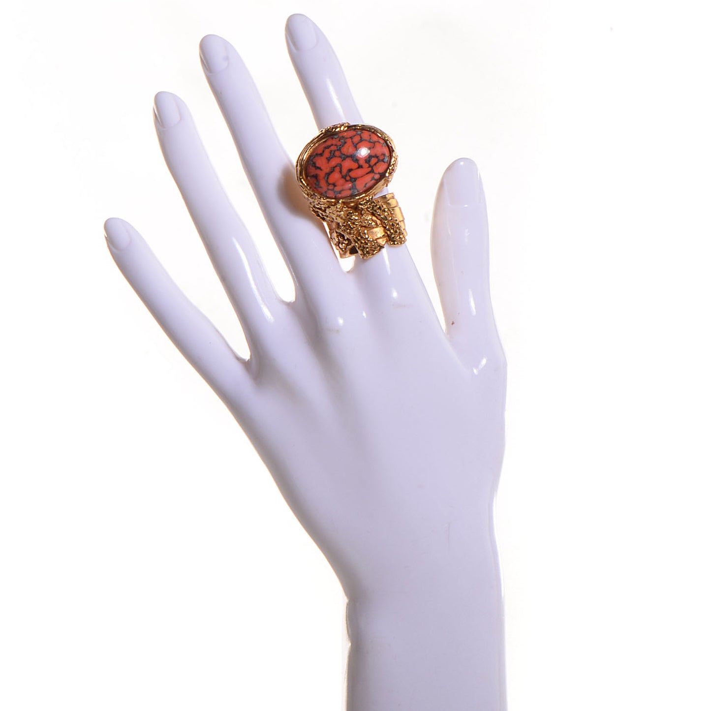 Glass Cabochon Arty Ovale Ring 7 Gold Coral