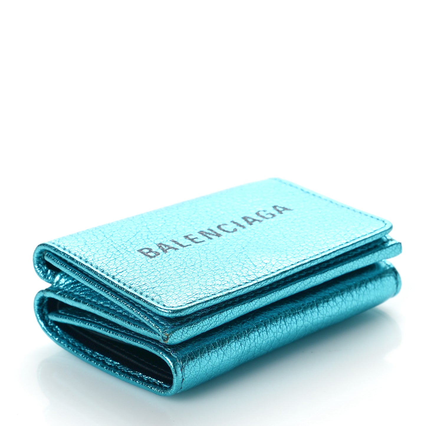 Metallic Goatskin Logo Mini Everyday Wallet Turquoise Black