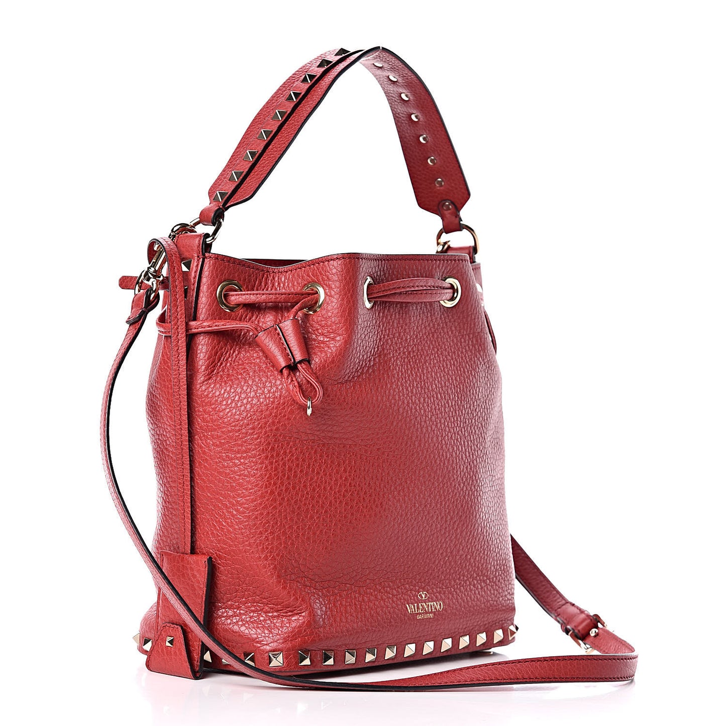 Pebbled Calfskin Small Rockstud Bucket Bag Red