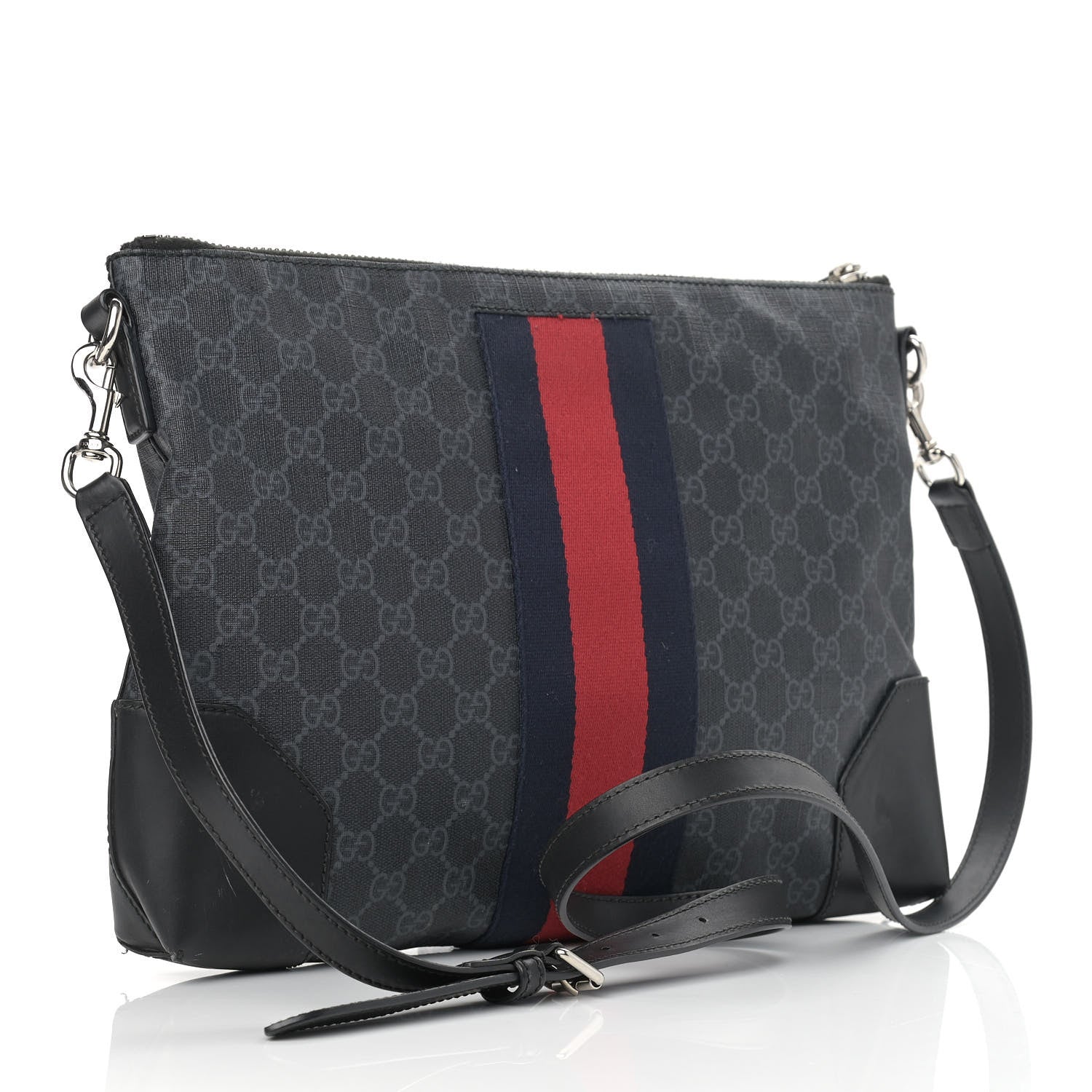 Gucci Soft GG Supreme Monogram Appia Calfskin Web East West Messenger Bag Black Grey 2 of 13