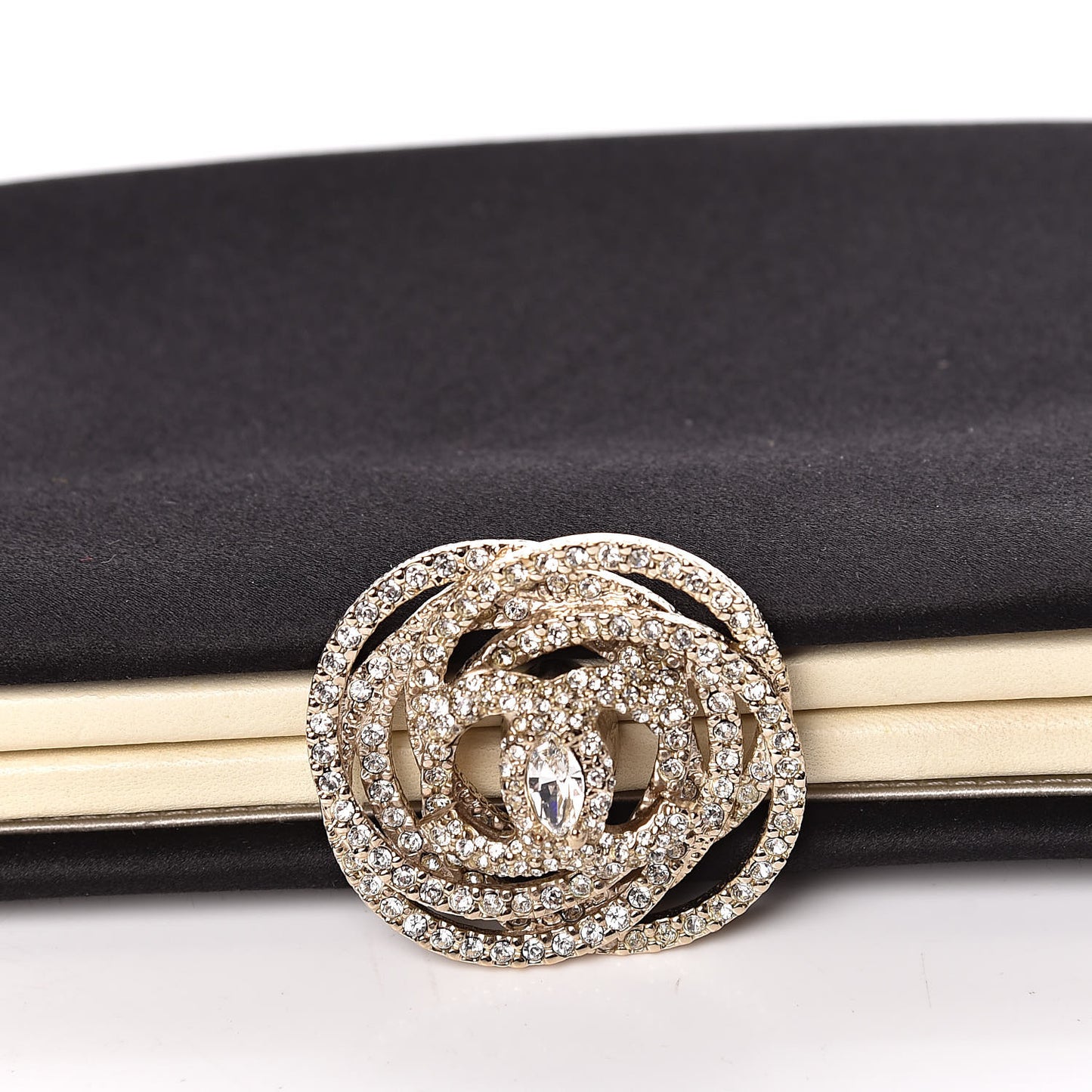 Satin Crystal Camellia Evening Frame Clutch Black