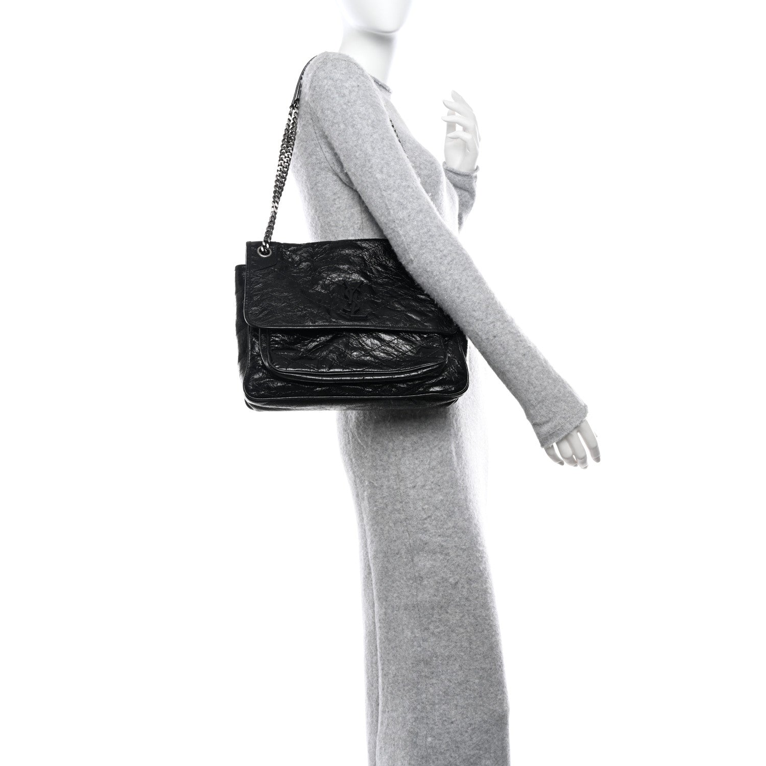 Saint Laurent Crinkled Calfskin Matelasse Monogram Large Niki Chain Satchel Black 3 of 13