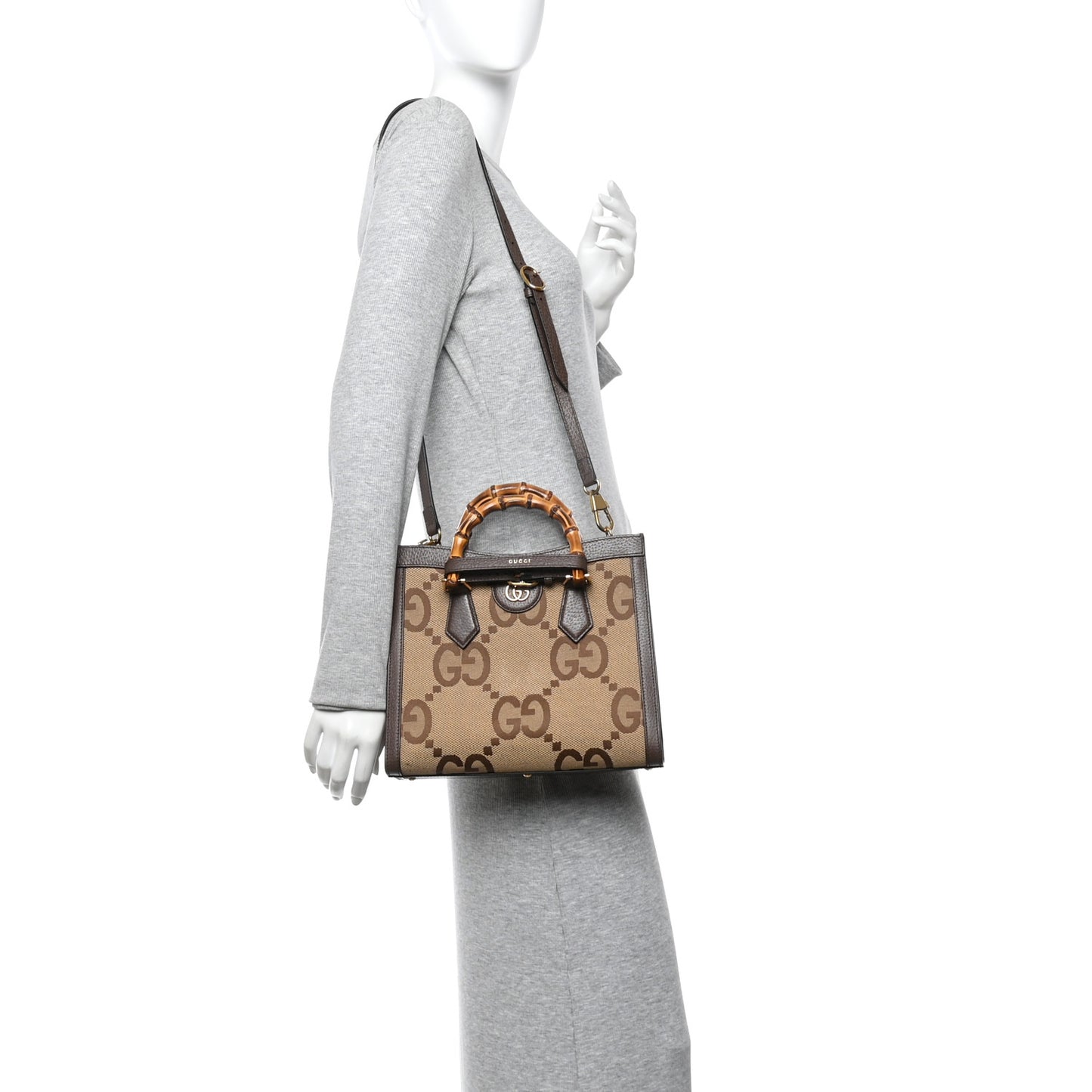 Monogram Jumbo GG Textured Dollar Calfskin Small Diana Tote Bag Camel Ebony New Acero