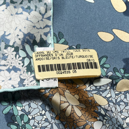 Hermes Silk Offrandes D'Un Jour Scarf 90 Ardoise Gris Bleute Turquoise 3 of 5