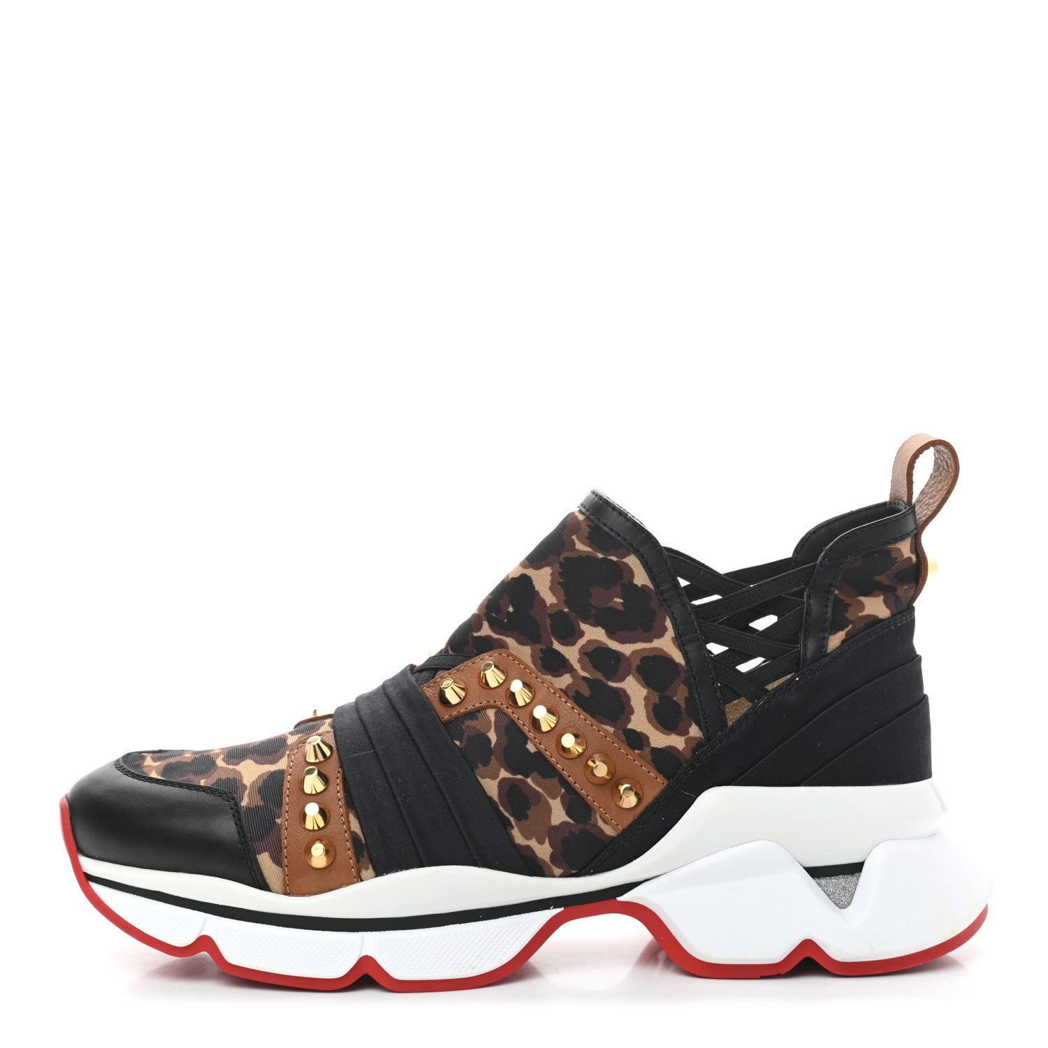 Christian Louboutin Calfskin Neoprene Leopard Studded Donna Flat Sneakers 38 Black Marron 1 of 9