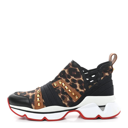 Christian Louboutin Calfskin Neoprene Leopard Studded Donna Flat Sneakers 38 Black Marron 1 of 9