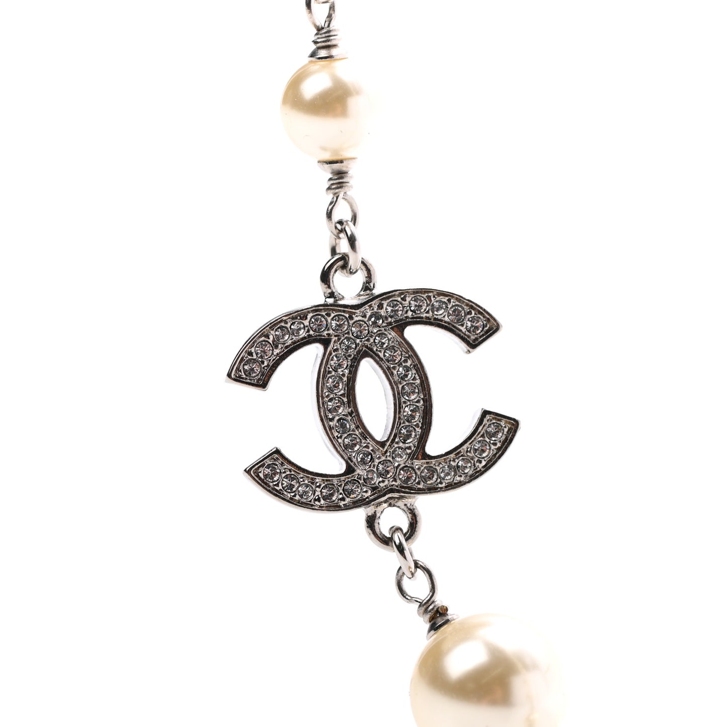 Graduated Pearl Crystal CC Long Necklace Silver