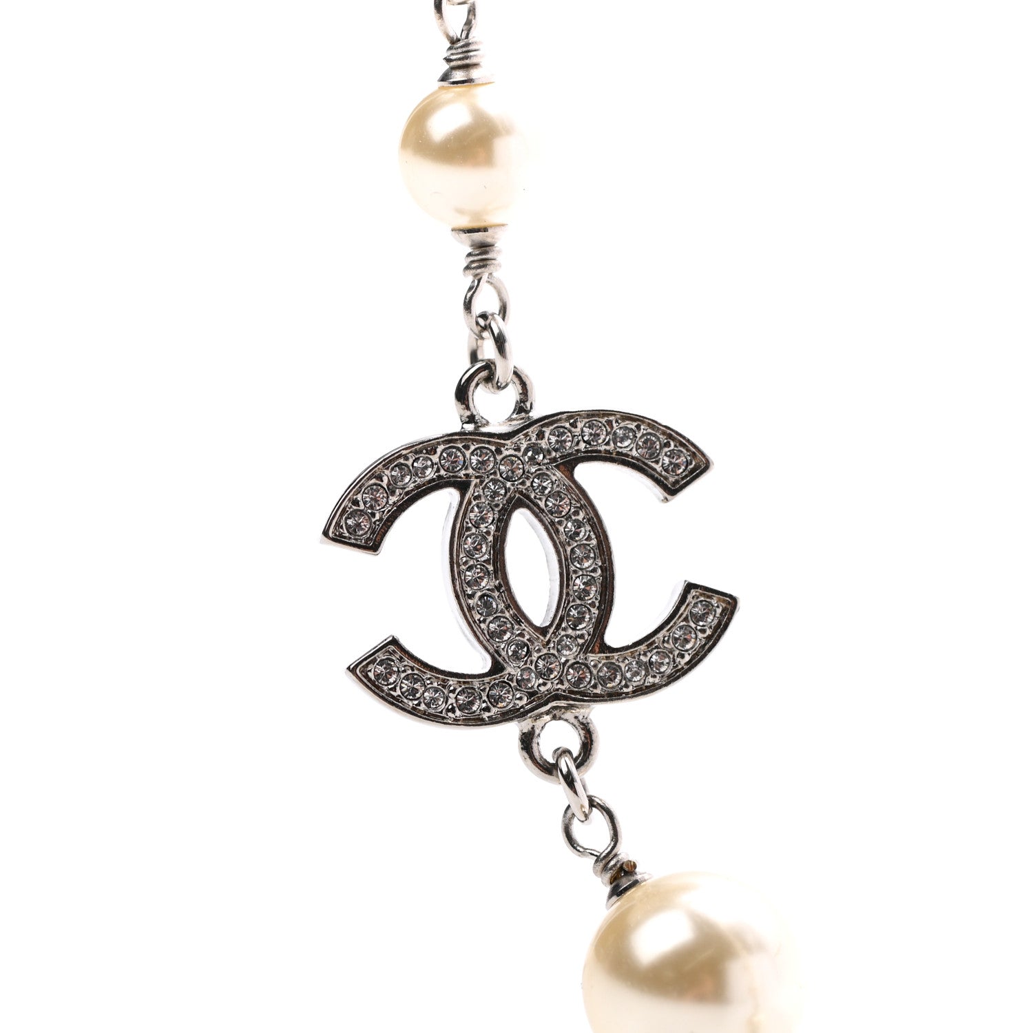 Chanel Graduated Pearl Crystal CC Long Necklace Silver 4 of 5