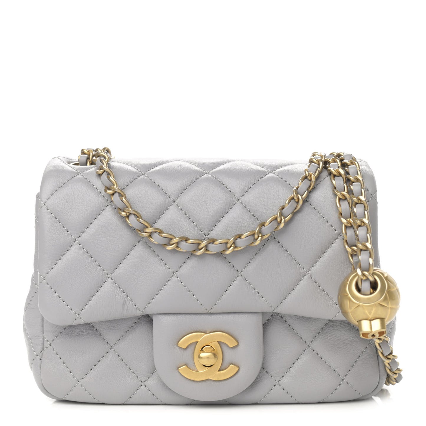 Lambskin Quilted Mini Pearl Crush Flap Light Grey