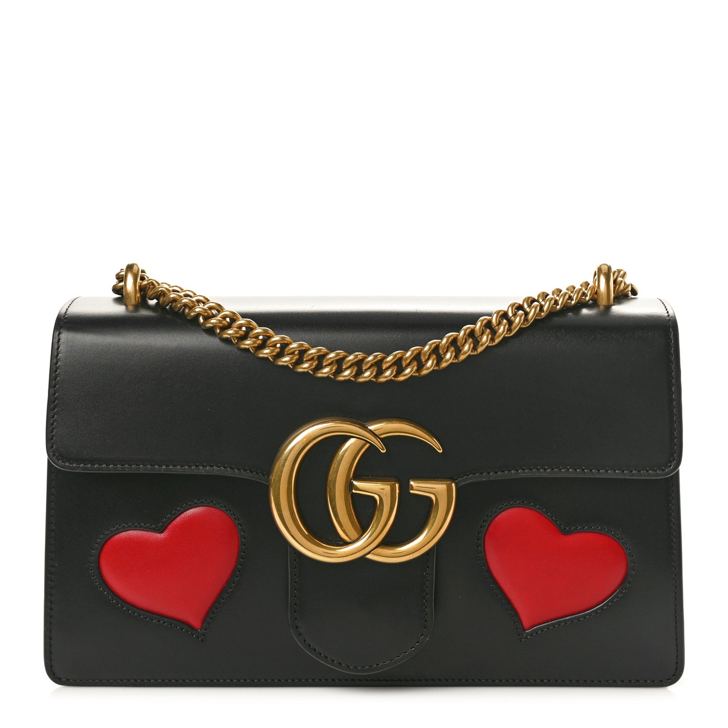 Knight Calfskin Malaga Kid Heart Medium GG Marmont Chain Handle Bag Black Hibiscus Red Multicolor