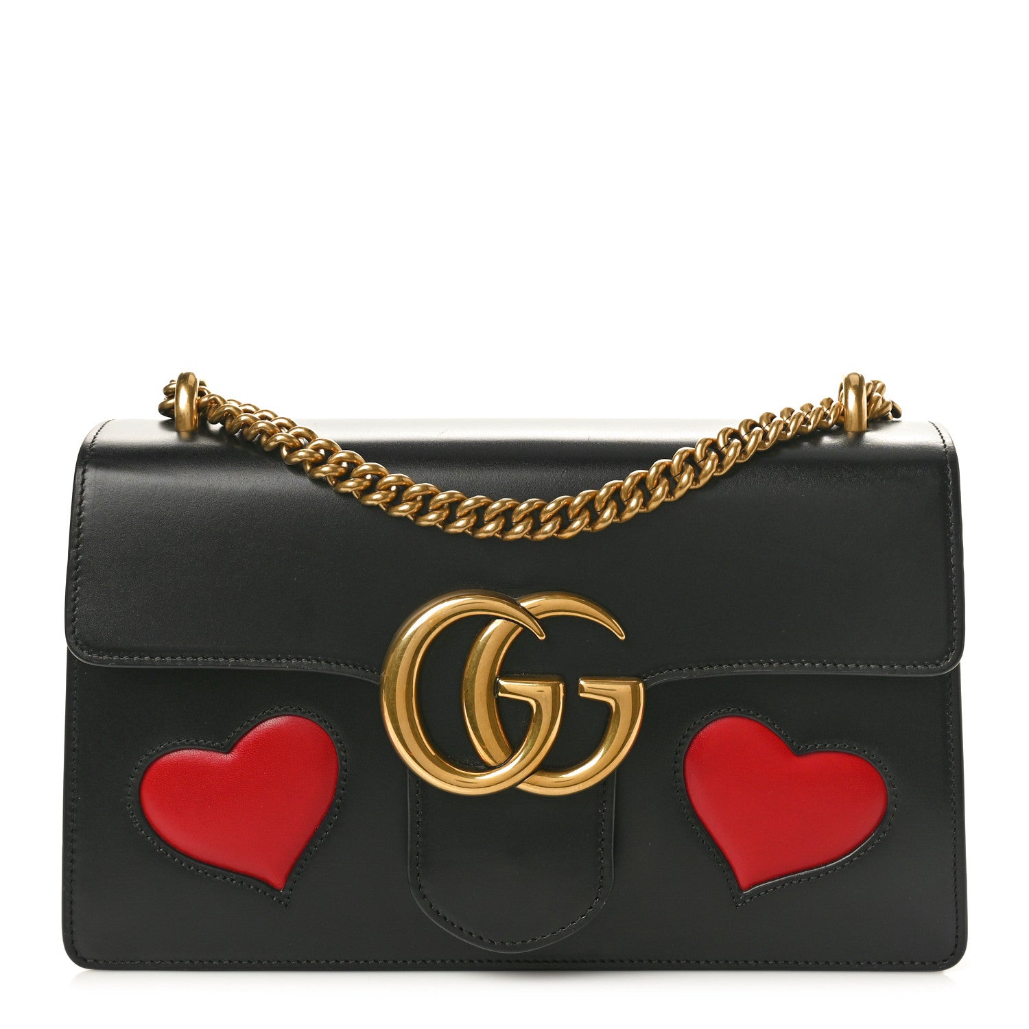 Gucci Knight Calfskin Malaga Kid Heart Medium GG Marmont Chain Handle Bag Black Hibiscus Red Multicolor 1 of 10