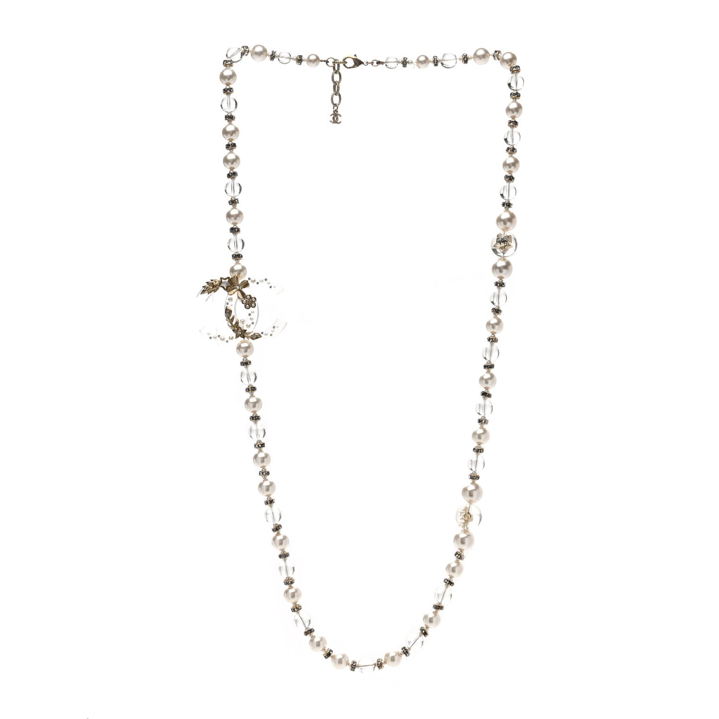 Resin Pearl Crystal CC Necklace Pearly White Transparent Gold