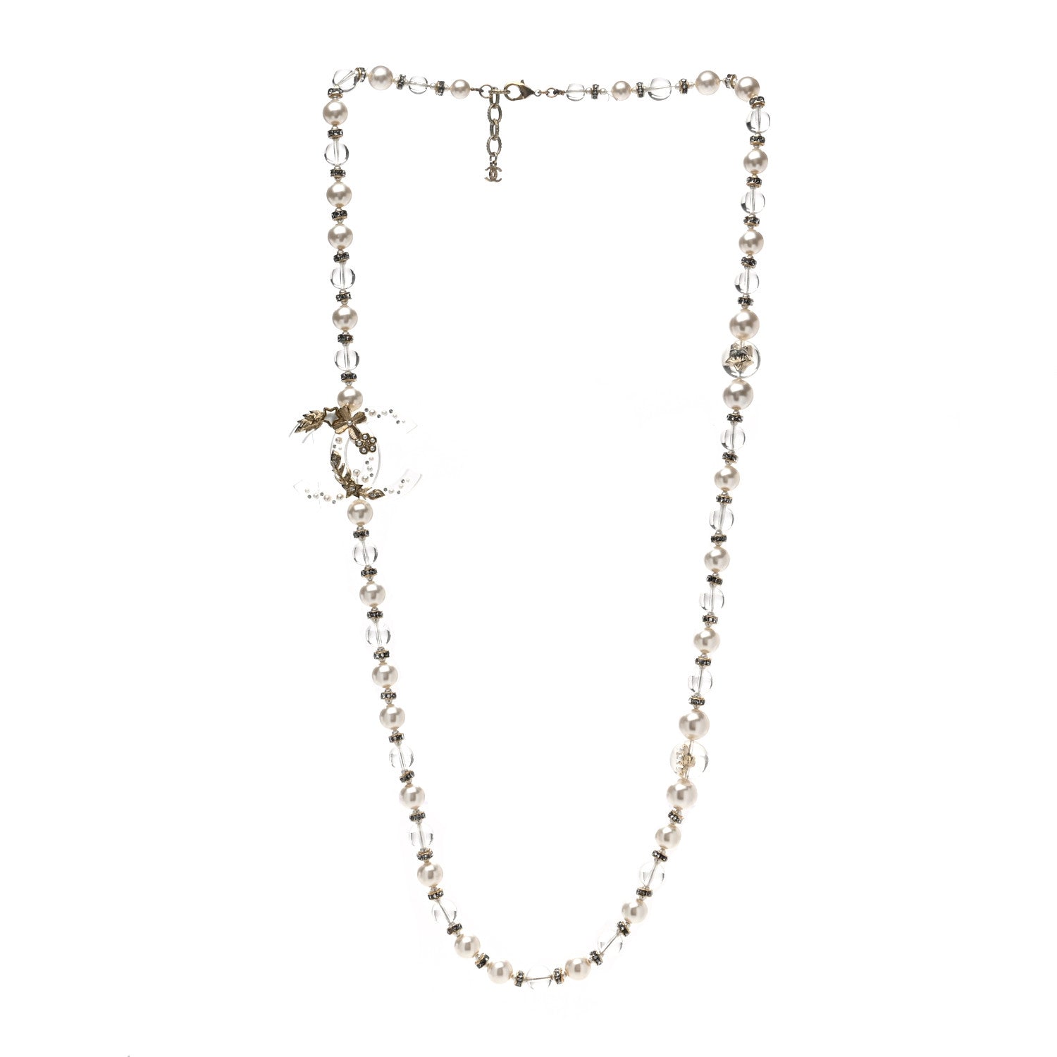 Chanel Resin Pearl Crystal CC Necklace Pearly White Transparent Gold 3 of 4