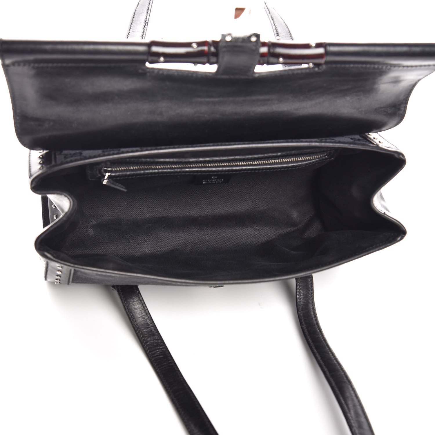Gucci Monogram Studded Bamboo Bullet Satchel Black 5 of 9