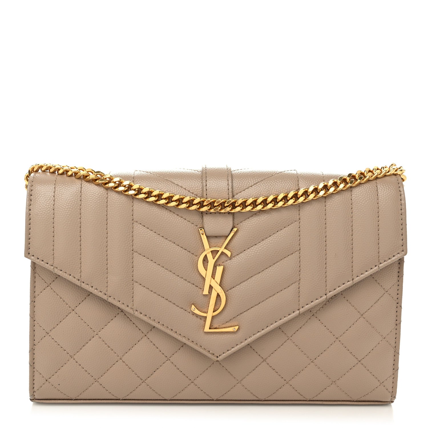Saint Laurent Grain De Poudre Mixed Matelasse Triquilt Monogram Chain Wallet Dark Beige 1 of 11