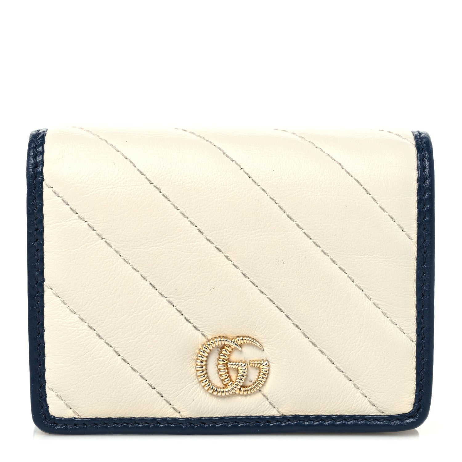 Gucci Vintage Effect Calfskin Matelasse Diagonal Torchon GG Marmont Card Case Wallet Mystic White Blue Agata 1 of 6