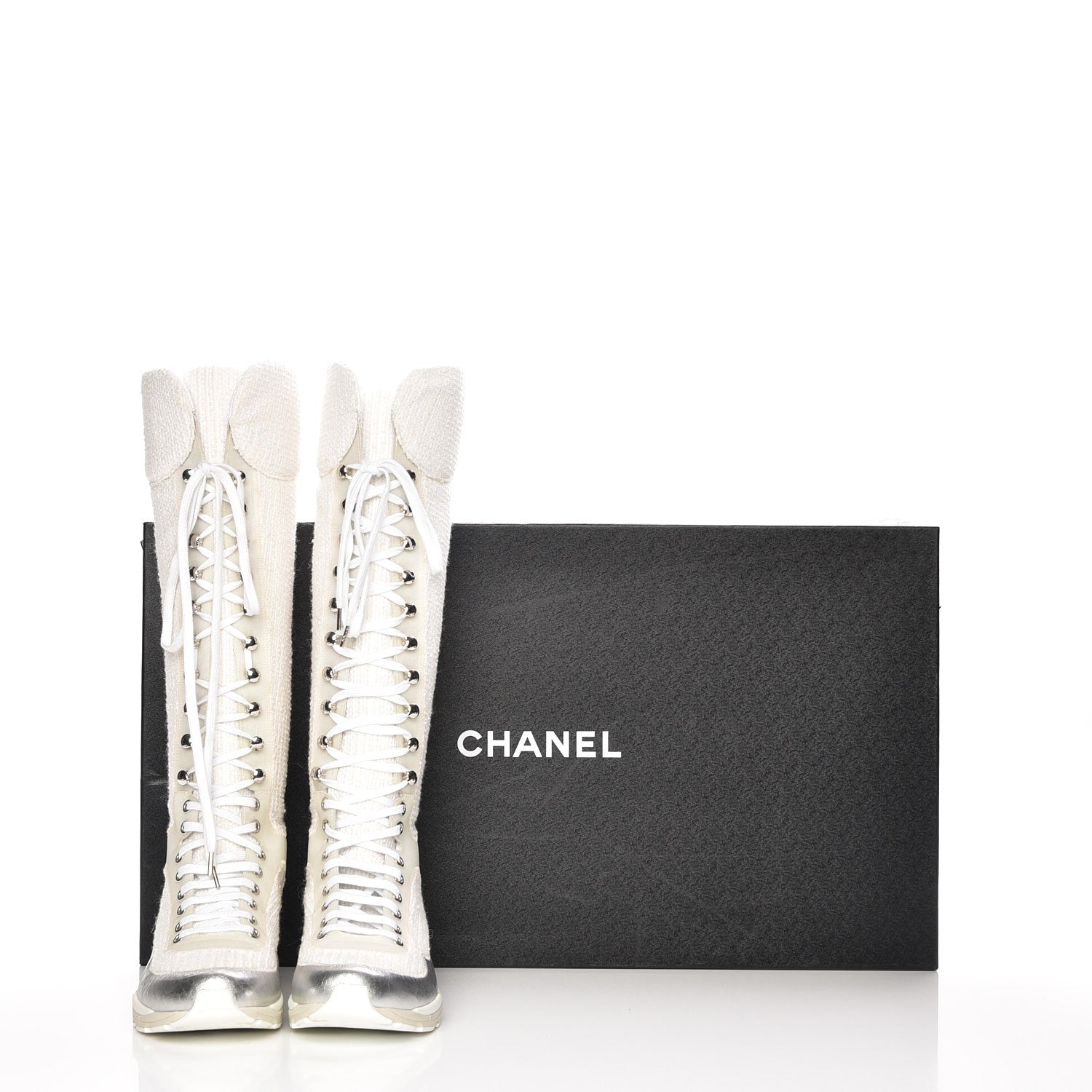 Chanel Tweed Suede Calfskin Sneaker High Boots 38 White Silver 6 of 6