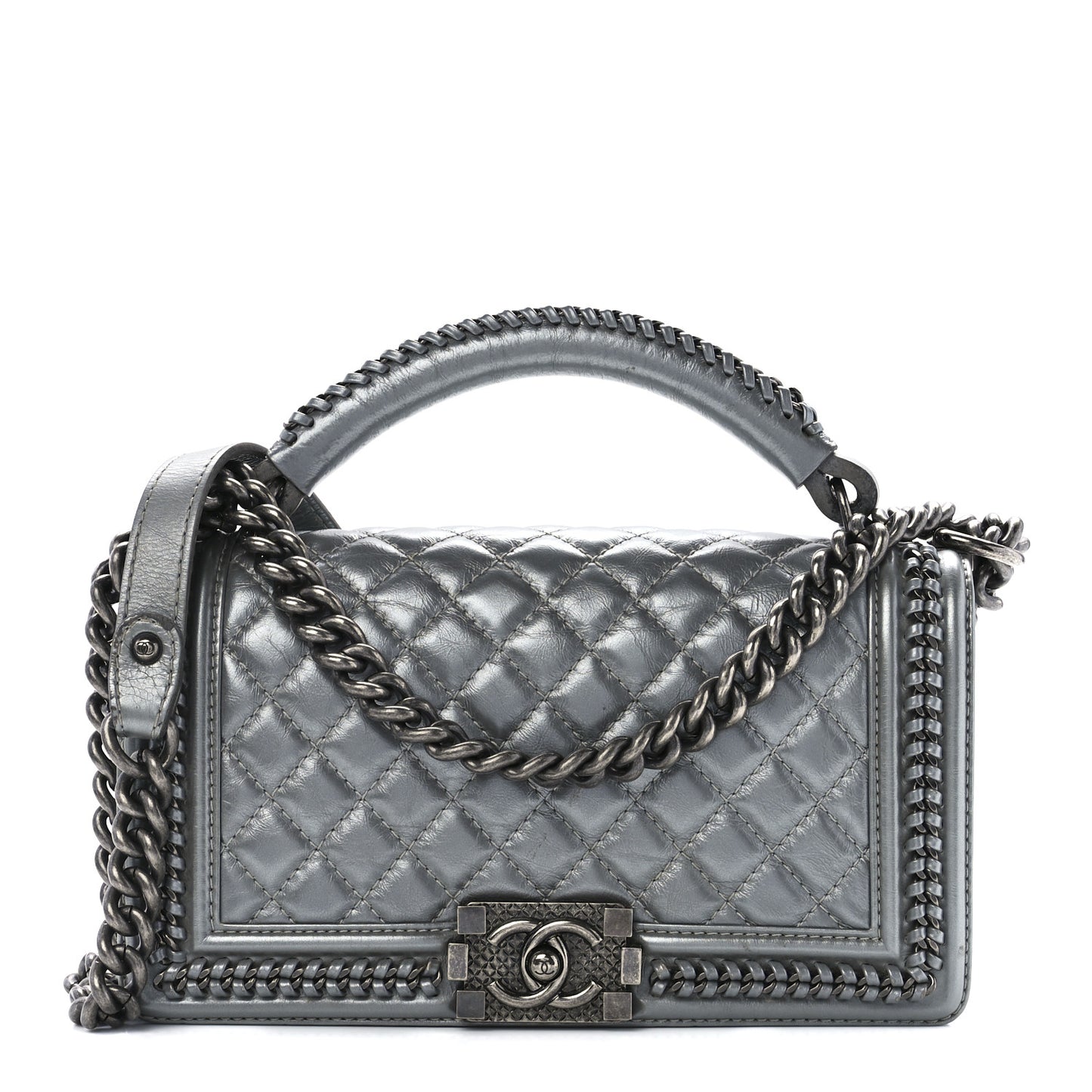 Metallic Aged Calfskin Quilted Medium Top Handle Boy Flap Silver