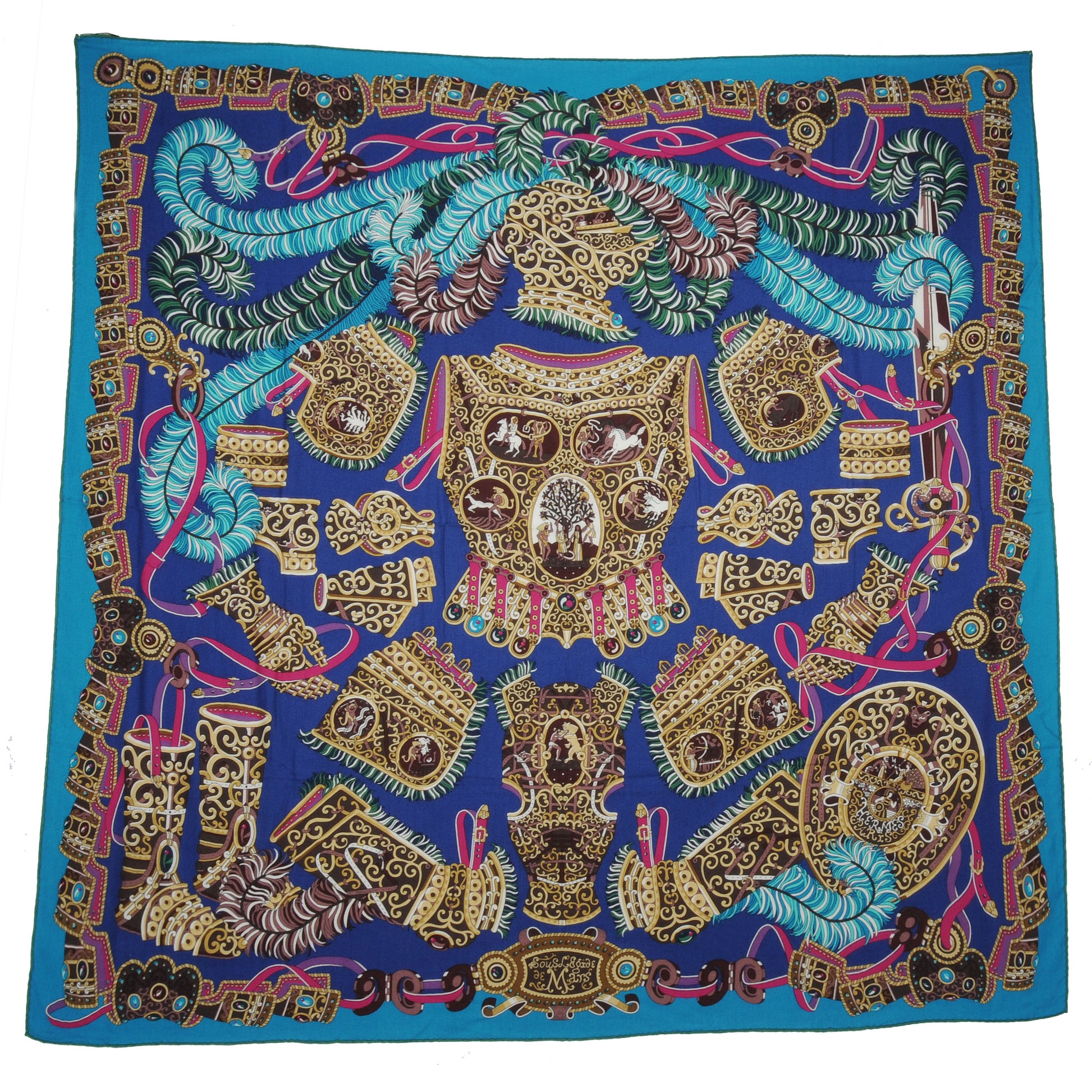 Hermes Cashmere Silk Sous L Egide de Mars Shawl 140 Bleu Nuit 2 of 5