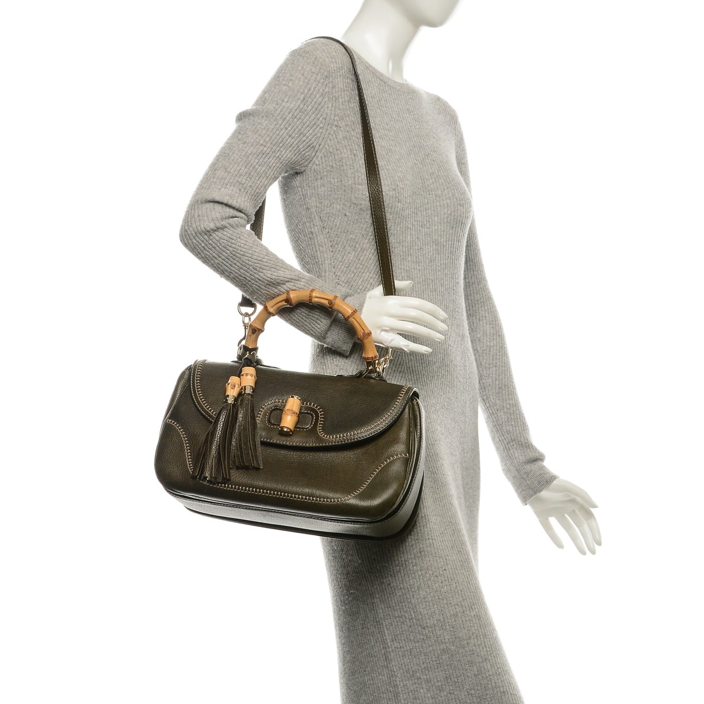 Calfskin Large New Bamboo Top Handle Bag Olive Green