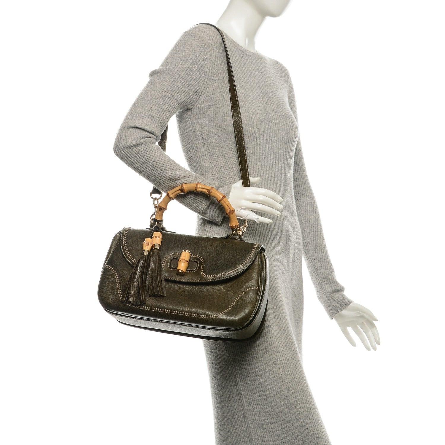 Gucci Calfskin Large New Bamboo Top Handle Bag Olive Green 2 of 9
