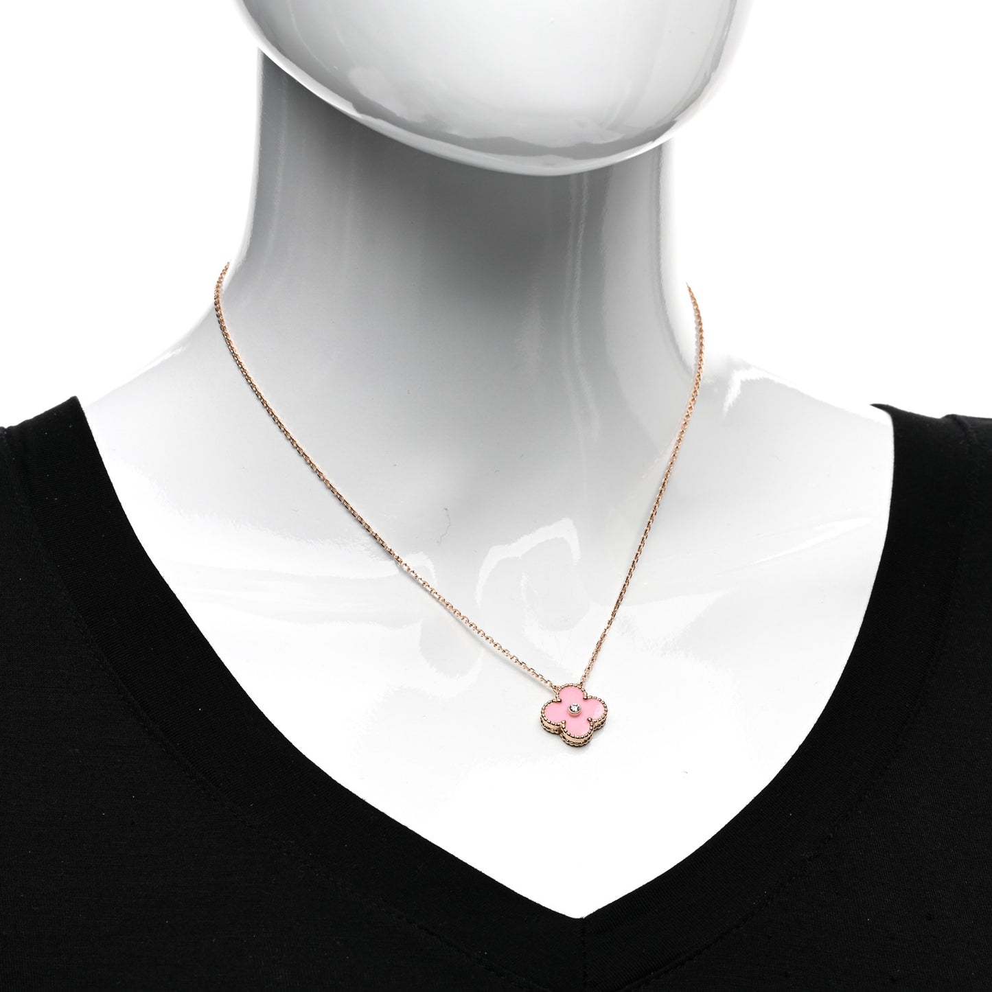 18K Rose Gold Diamond Pink Porcelain Vintage Alhambra Pendant Necklace