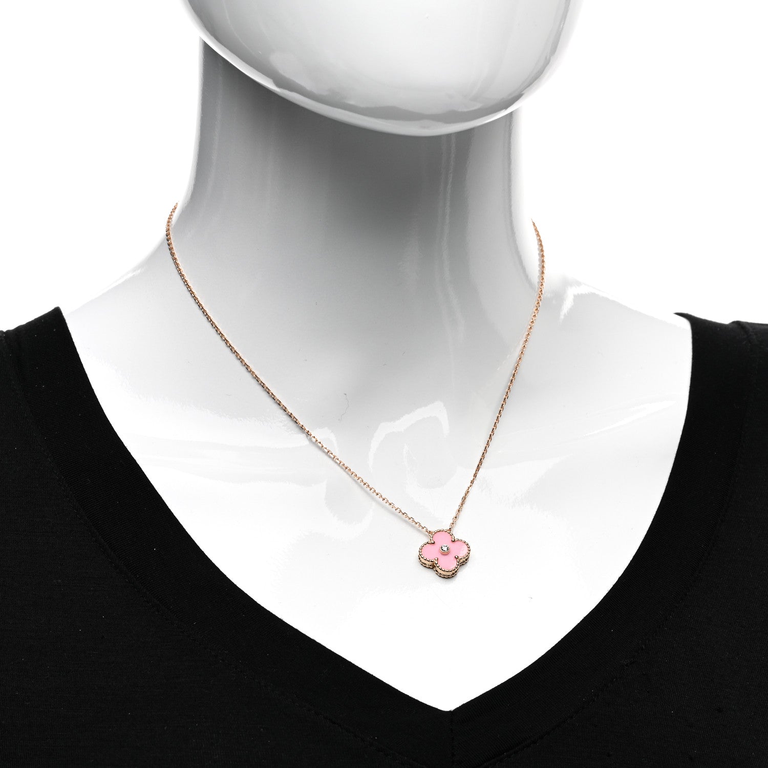 Van Cleef & Arpels 18K Rose Gold Diamond Pink Porcelain Vintage Alhambra Pendant Necklace 2 of 5