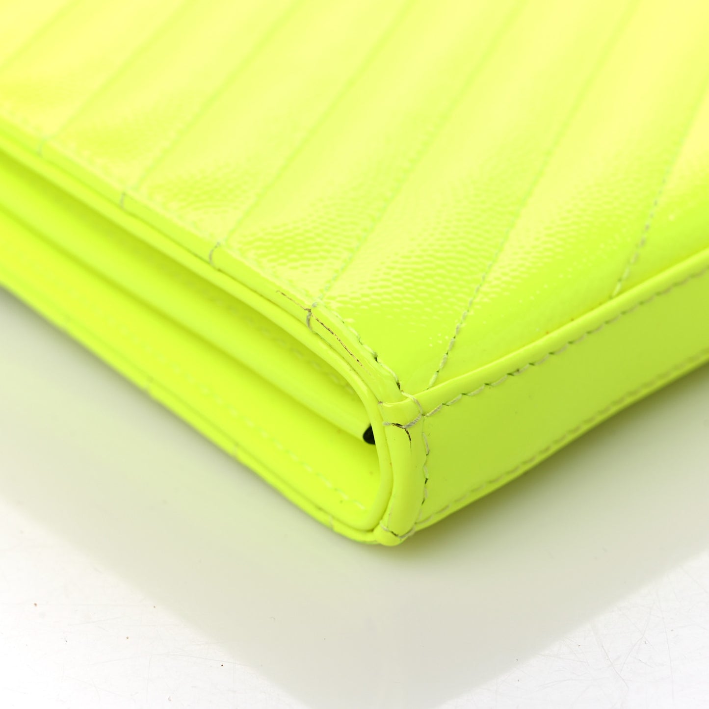 Patent Grain De Poudre Matelasse Chevron Monogram Chain Wallet Neon Yellow