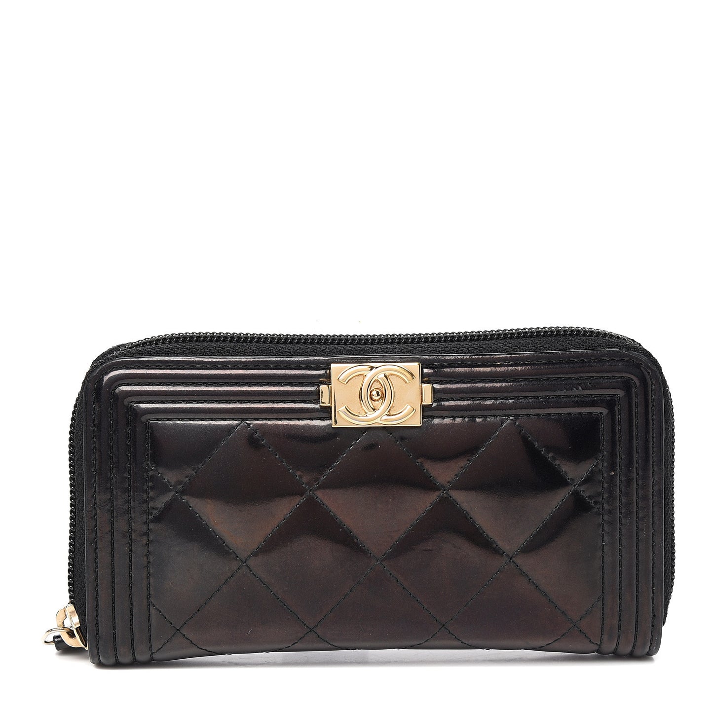 Glazed Calfskin Quilted Small Boy Zip Around Wallet Black
