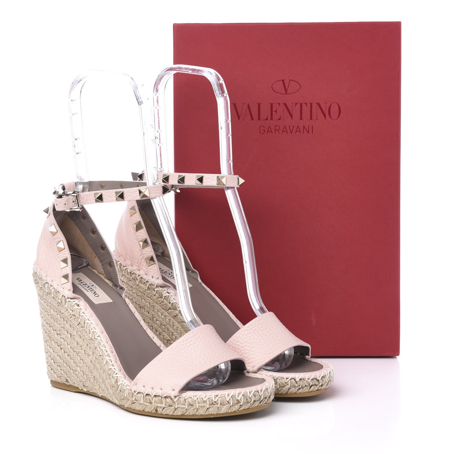 Valentino Garavani Grained Calfskin Rockstud Ankle Strap Espadrille 15/105mm Wedge Sandals 39 Rose Quartz Natural 9 of 9