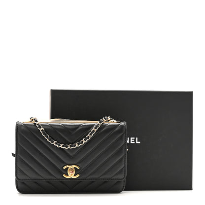 Chanel Lambskin Chevron Quilted Trendy CC Wallet On Chain WOC Black 15 of 15