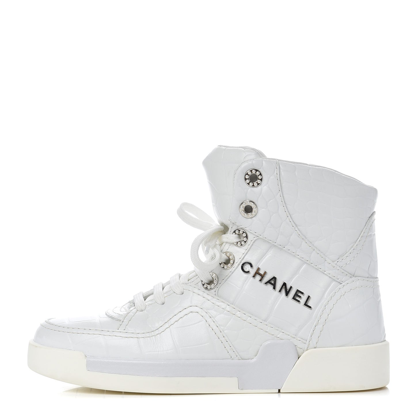Calfskin Crocodile Embossed Cocodile High Top Sneakers 36 White